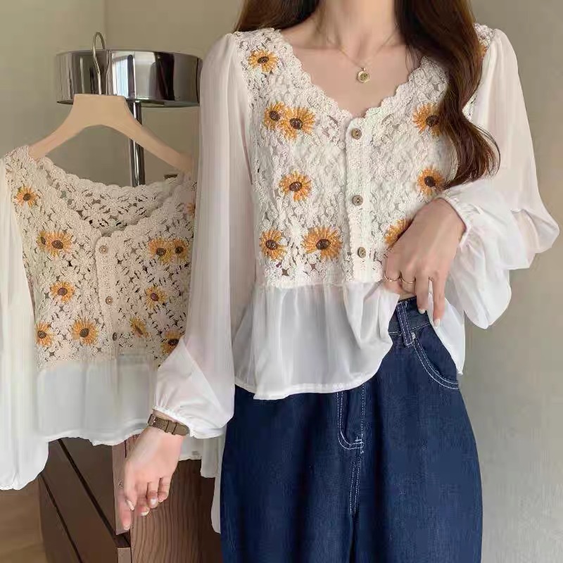 Crochet Top Chiffon Flower Emb - Embroidery Daisy 评论和价格