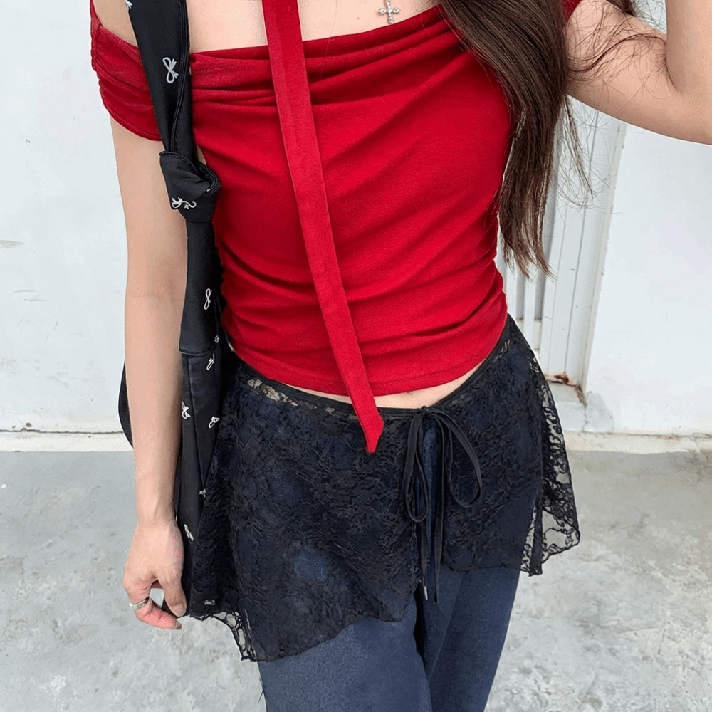 French Lacing Lace Mini Skirt  - Embroidery Apron 评论和价格