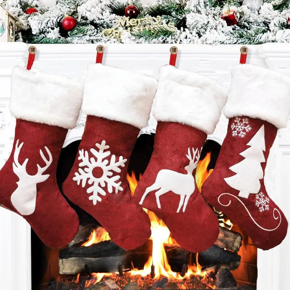Red Santa Stocking Elk Snowfla - Embroidery Xmas Stocking 评论和价格